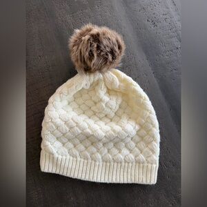 J. Crew Cream Knit Beanie with Brown Pom-Pom